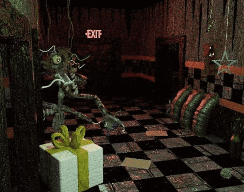 a video game character is standing next to a gift box in front of a sign that says exit