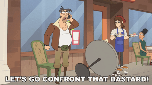 a cartoon shows a man talking on a cell phone and the words let 's go confront that bastard