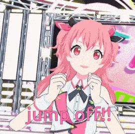 a girl with pink hair is standing in front of a sign that says " jump off "