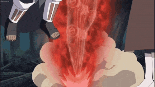 a person is standing next to a pile of red smoke coming out of it .