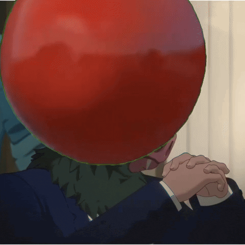 a cartoon character with a pig head and a tomato on top of it