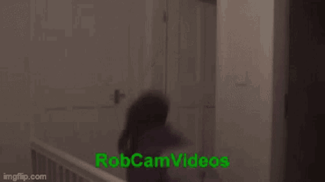a woman in a purple sweater is standing in a hallway with the words robcamvideos written on the bottom .