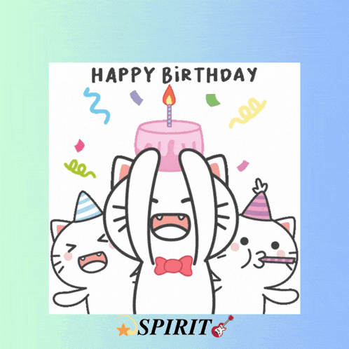 a cartoon of three cats celebrating a birthday with a pink cake