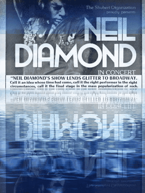 a poster for neil diamond in concert with a newspaper article