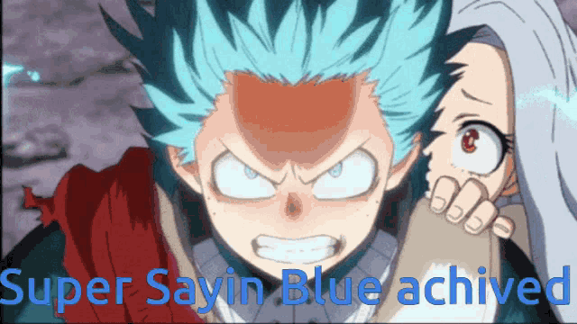 a picture of a boy with blue hair and the words super sayin blue achieved
