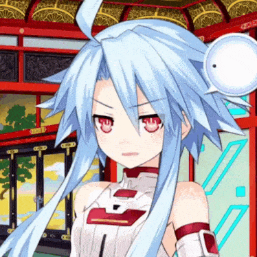 a cartoon character with white hair and red eyes is standing in a room