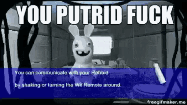 a black and white image of a rabbit with the words `` you putrid fuck '' .
