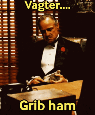 a man in a tuxedo is sitting at a desk holding a rabbit and the words vagter grib ham are above him