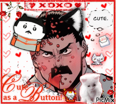 a picture of a man with a cat ear and the words cute as a button on the bottom