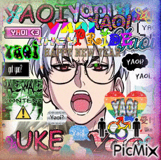 a picture of a boy with glasses and the words yaoi on the bottom right