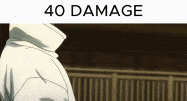 a man in a white jacket is standing in front of a fence with the words `` 40 damage '' written on the bottom .