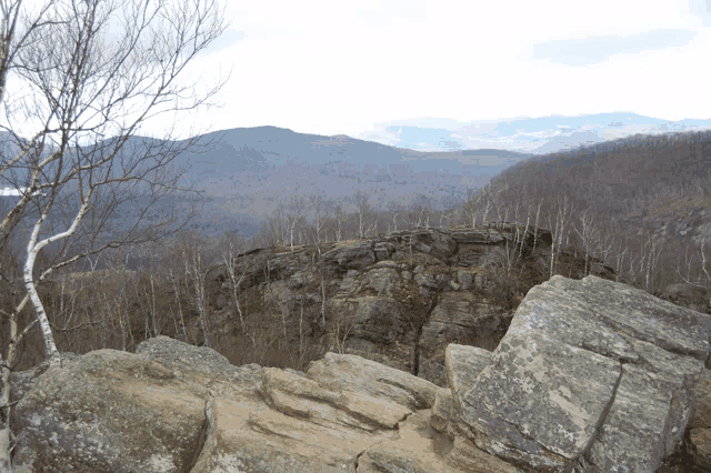 a view of a mountain range from a rocky cliff