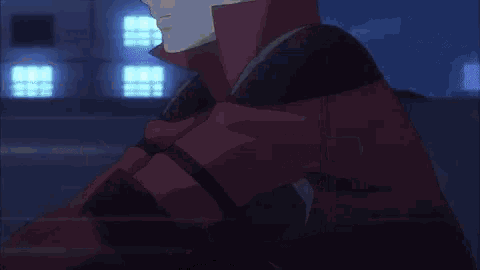 a close up of a blonde anime character with a red jacket