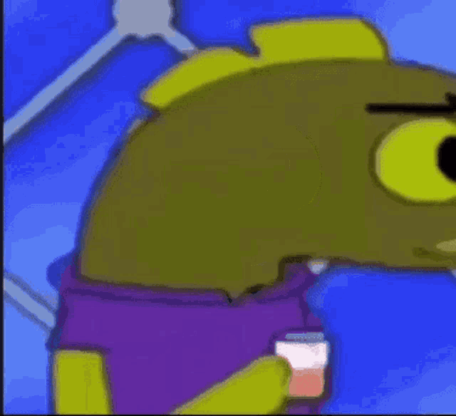 a cartoon character is wearing a purple sweater and holding a cup .