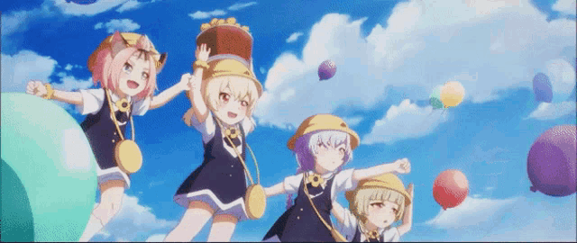 a group of anime girls are playing with balloons in the air