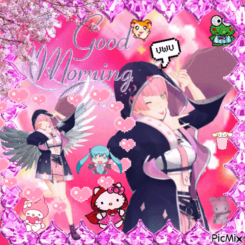 a picture of a girl with wings and a speech bubble that says " good morning "