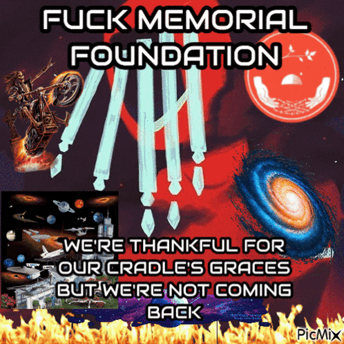 a poster that says " fuck memorial foundation " with a motorcycle on it