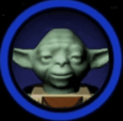 a picture of yoda in a blue circle on a blue background .