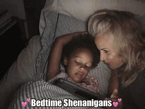 a woman is reading a book to a little girl with the words bedtime shenanigans above them