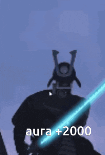 a silhouette of a samurai holding a glowing sword with aura +2000 written below him