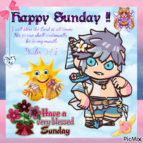 a happy sunday greeting card with a cartoon character and flowers
