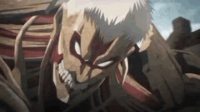 a close up of a titan from attack on titan with a huge mouth and teeth .