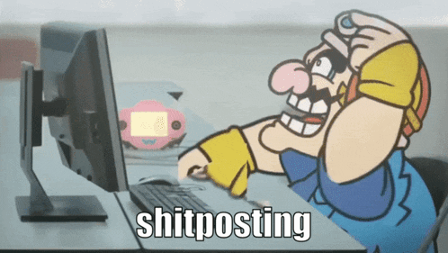 a cartoon character is sitting at a desk with a computer and the words shitposting written on the bottom