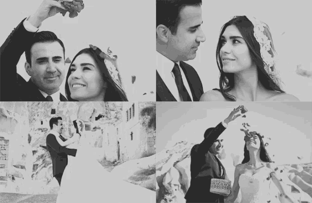 a black and white photo of a bride and groom in a collage