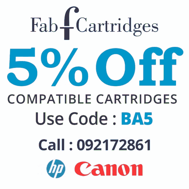 an advertisement for fab cartridges offers a 5 % off on compatible cartridges