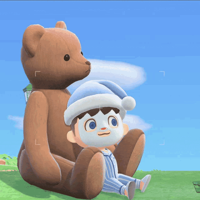 a teddy bear is sitting next to a boy wearing a mask