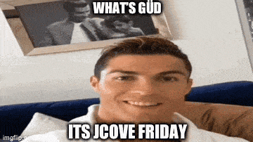 a meme of a man sitting on a couch with the words what 's gud its jcove friday