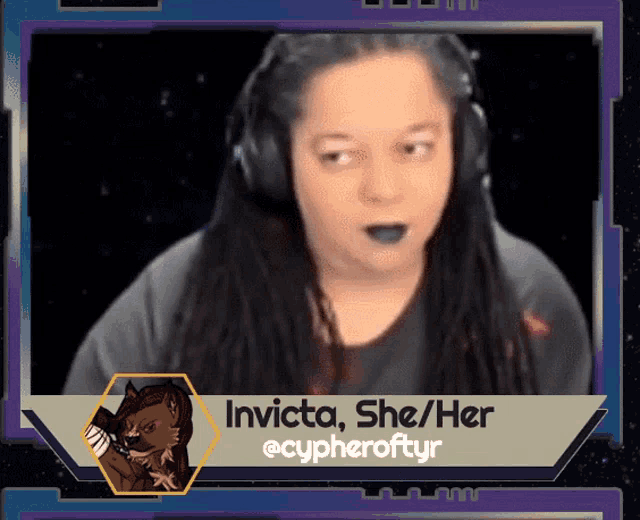 a woman wearing headphones with the name invicta she her