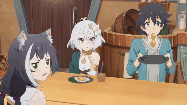 three anime characters are sitting at a table with a plate of food on it