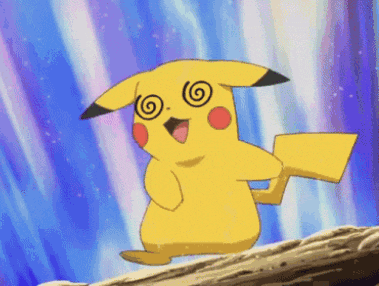 a pikachu with a spiral in its eyes is standing on a rock