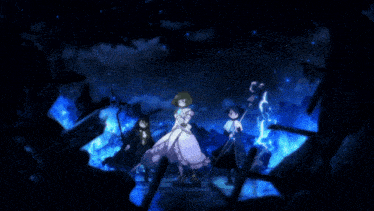 a group of anime characters standing in front of a blue fire