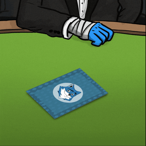 a man in a tuxedo is playing poker with a blue card with a fox on it