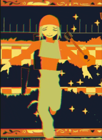 a colorful drawing of a person holding a violin and smiling