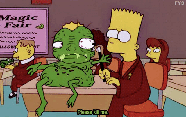 bart simpson talking to a frog in front of a sign that says " magic fair "