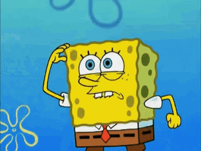 spongebob squarepants is scratching his head while standing in the water .