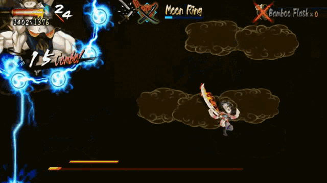 a video game shows a sword being swung at a monster with the number 24 on the top left