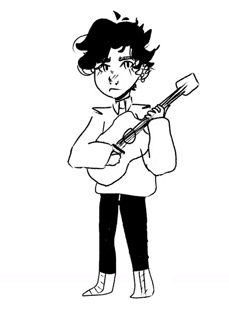 a black and white drawing of a man holding a guitar .
