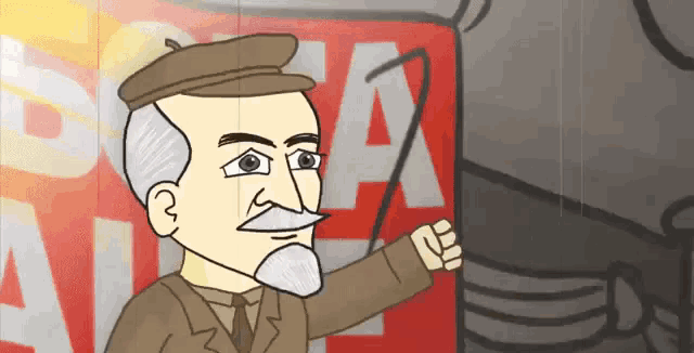 a cartoon drawing of a man pointing at a sign that says a