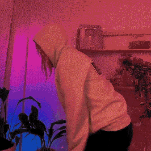 a woman in a green hoodie stands in front of a shelf with potted plants