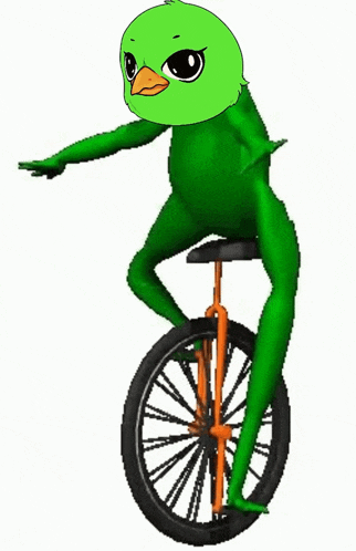 a green bird with a yellow beak is riding a bicycle
