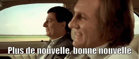 two men sitting in a car with the words plus de nouvelle bonne nouvelle written below them