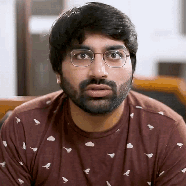 a man with glasses and a beard wears a maroon shirt with birds on it