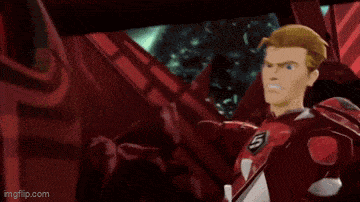 a man in a red superhero costume with the number 5 on his chest is looking up .