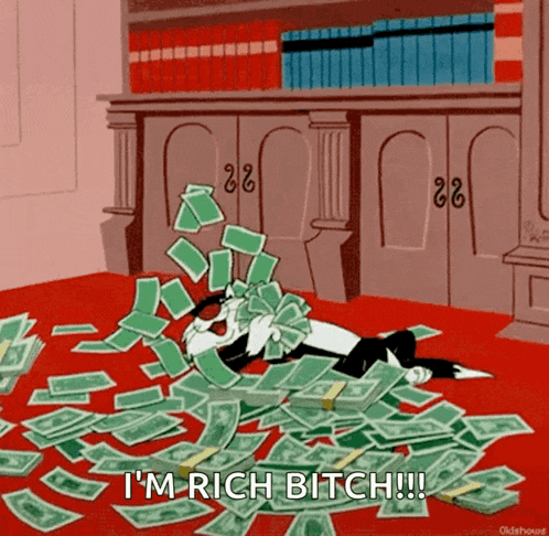 a cartoon cat is laying on a pile of money and says " i 'm rich bitch !!! "