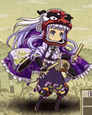 a girl with a mask on her head holds a drum