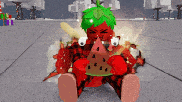 a cartoon character is holding a slice of watermelon in their hands